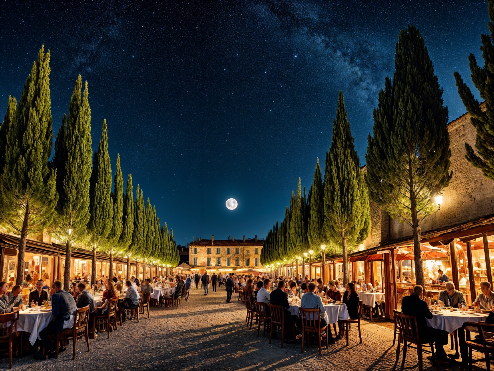 Outdoor Restaurant Scene at Night with Starry Sky