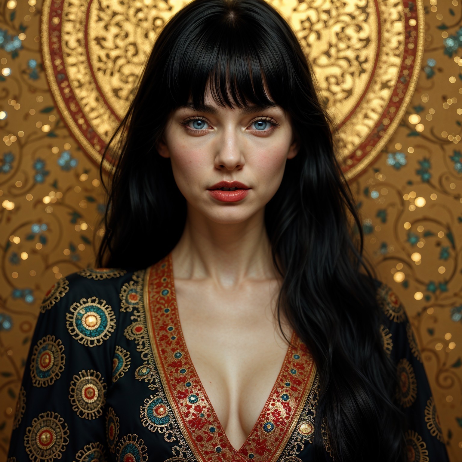 Woman in Elegant Black Garment with Golden Backdrop