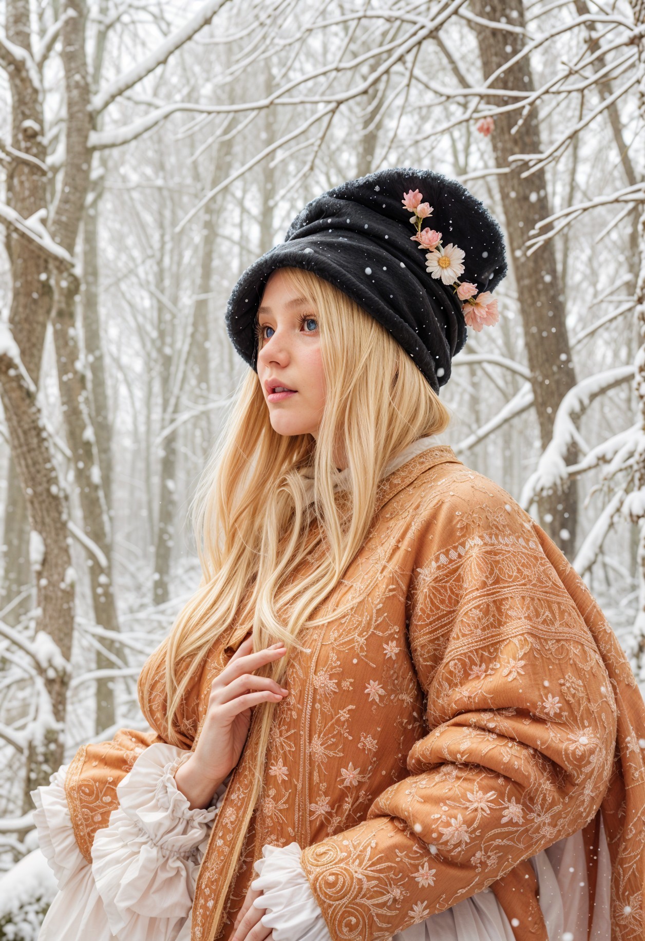 Young woman in snowy forest with orange coat and hat