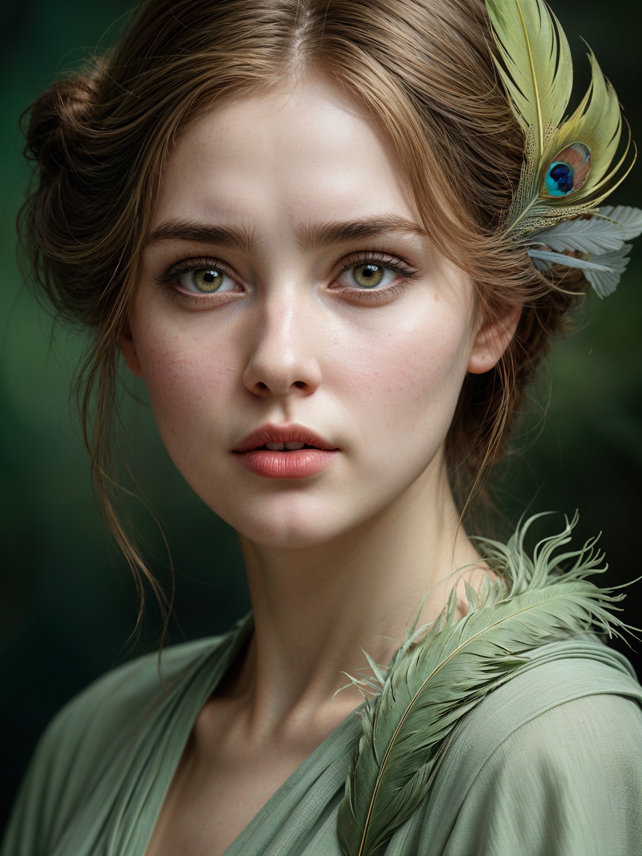 Young woman with green eyes in flowing pale green attire