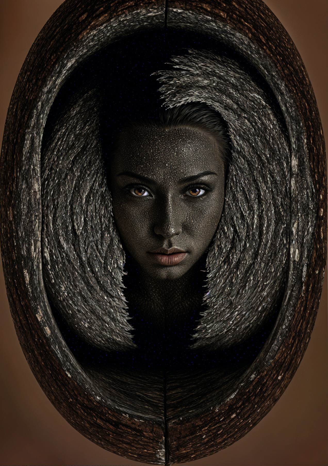 Portrait of a woman with textured bark background