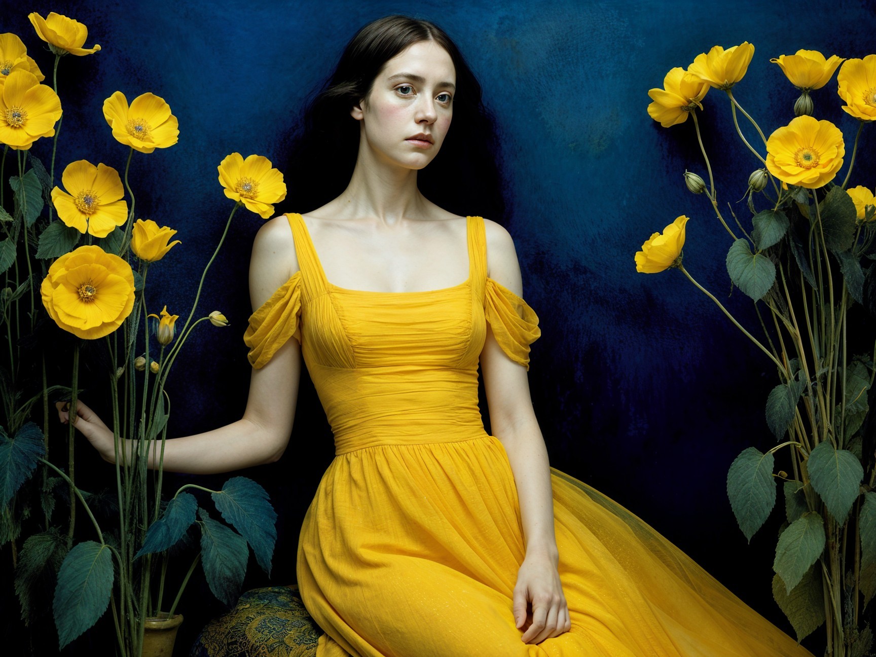 Young Woman in Yellow Dress Against Blue Background