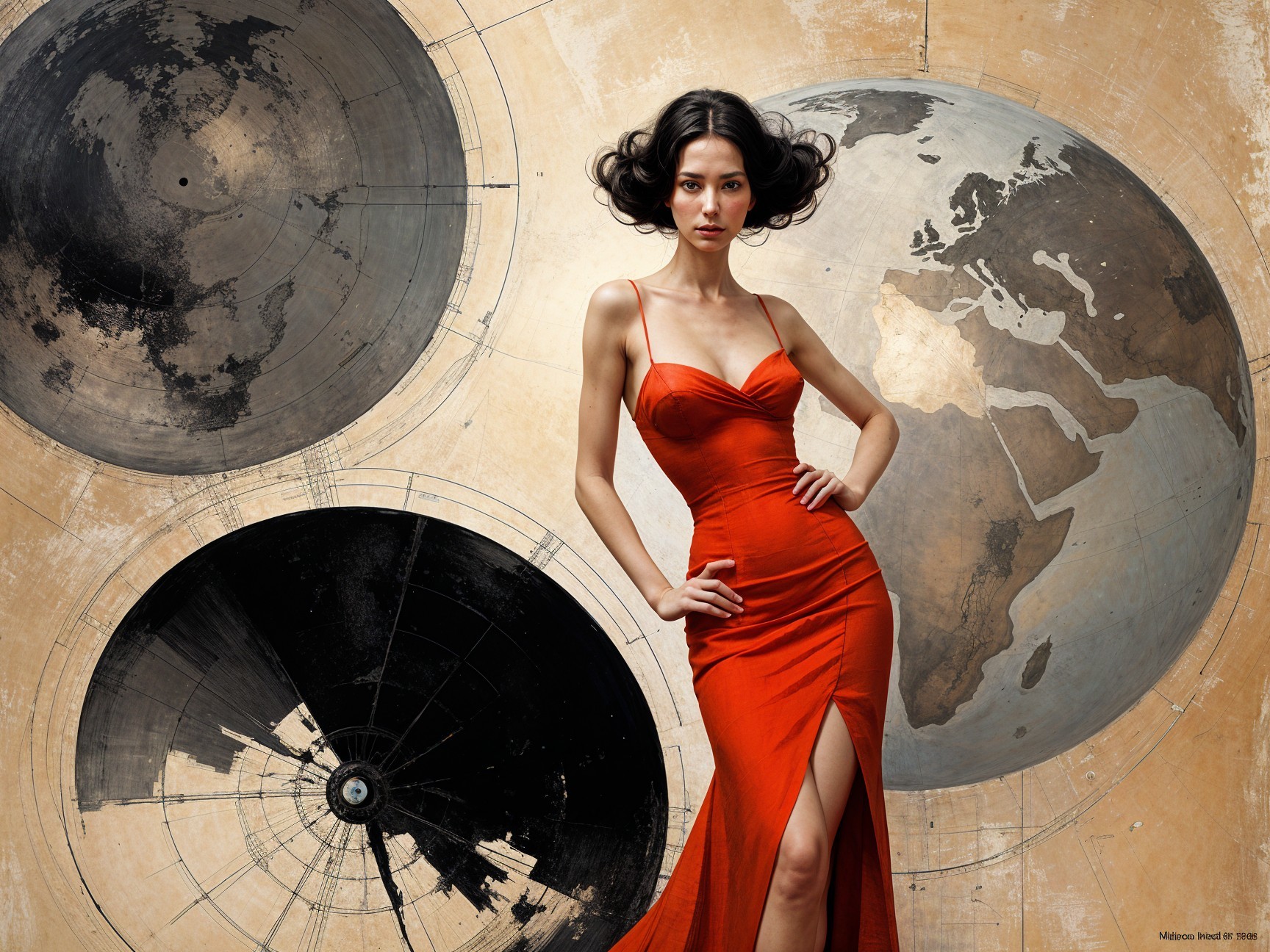 Model in Red Gown Against Vintage Artistic Background