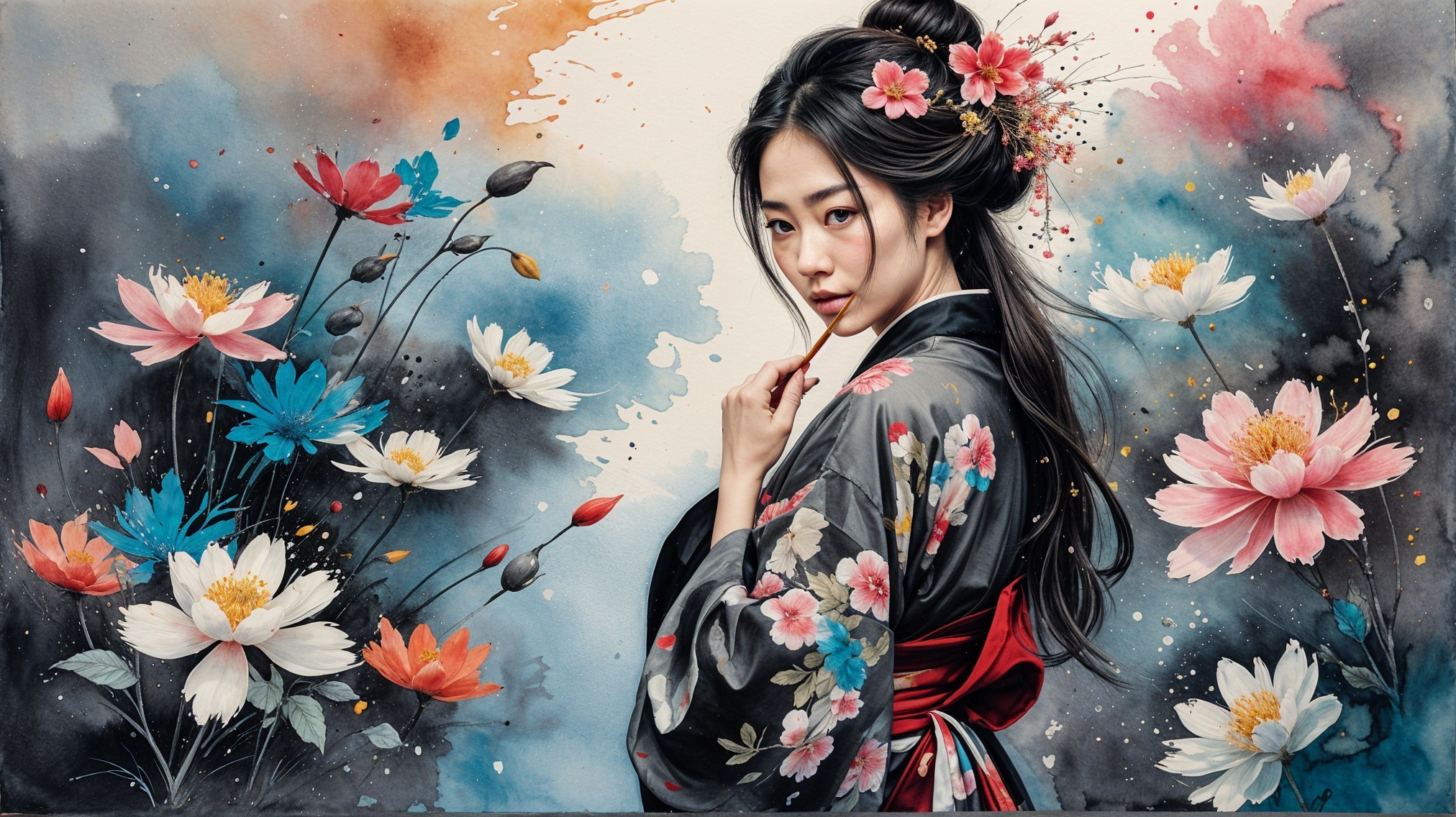 Woman in Kimono Surrounded by Vibrant Watercolor Flowers