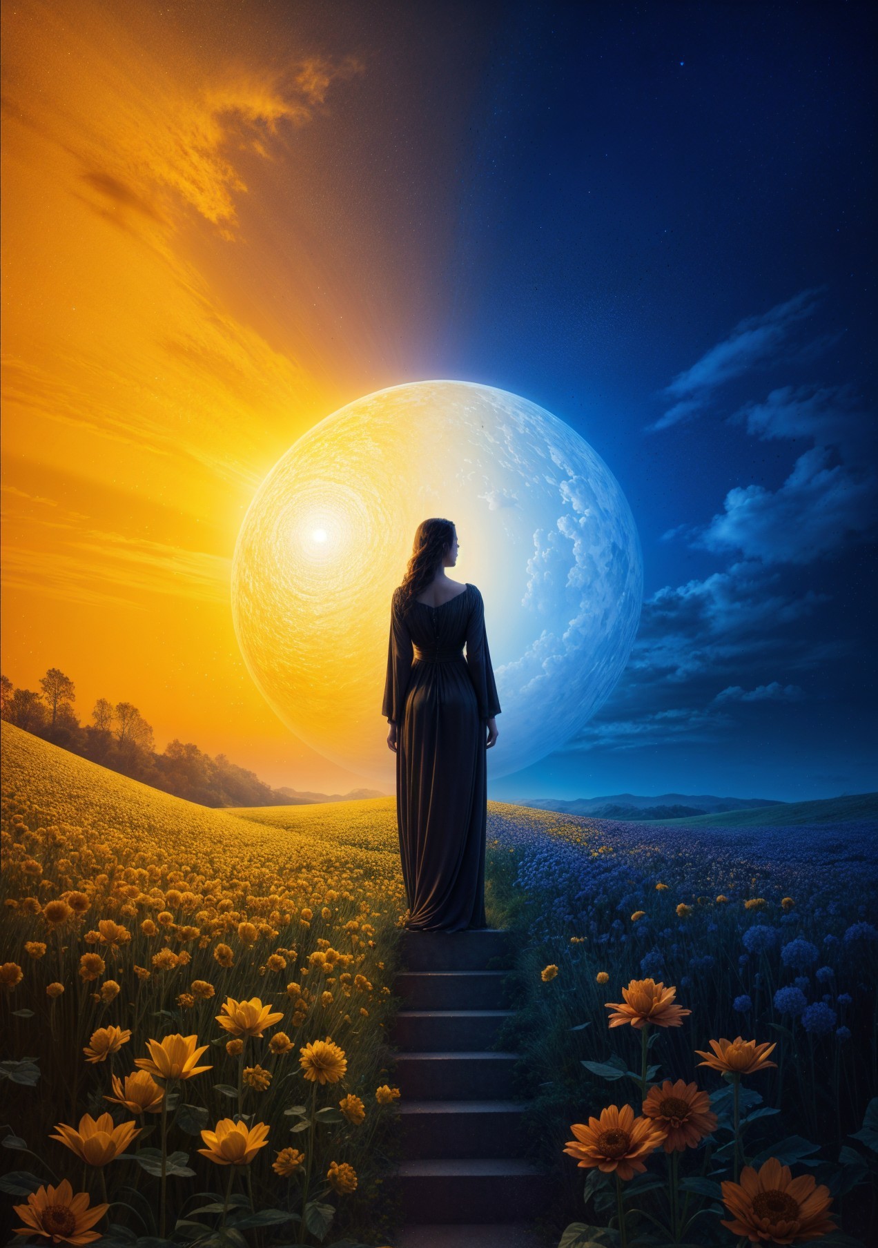 Lone Figure on Staircase with Celestial Body and Flowers