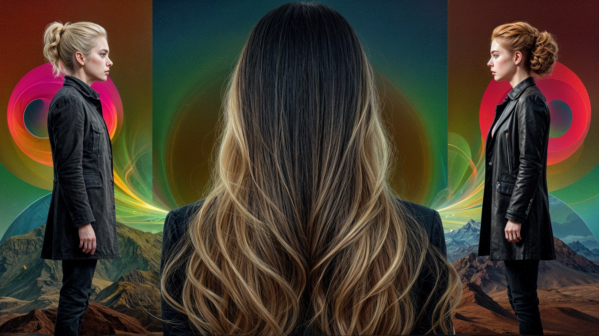 Two Women in Profile Against Abstract Cosmic Background