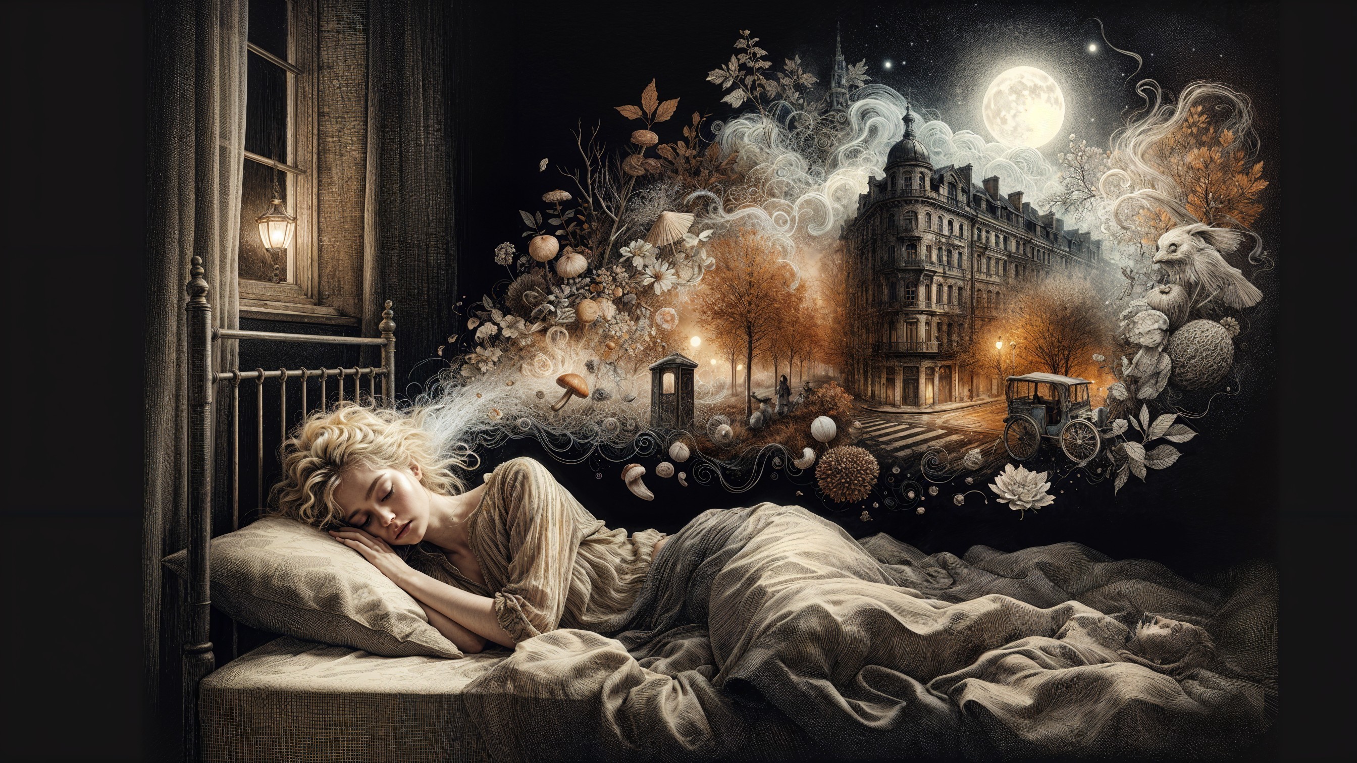 Serene Scene of a Woman Sleeping with Dreamy Elements