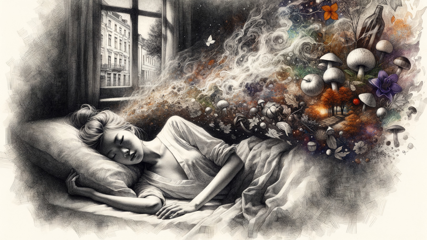 Woman Sleeping with Dreamscape of Colorful Elements