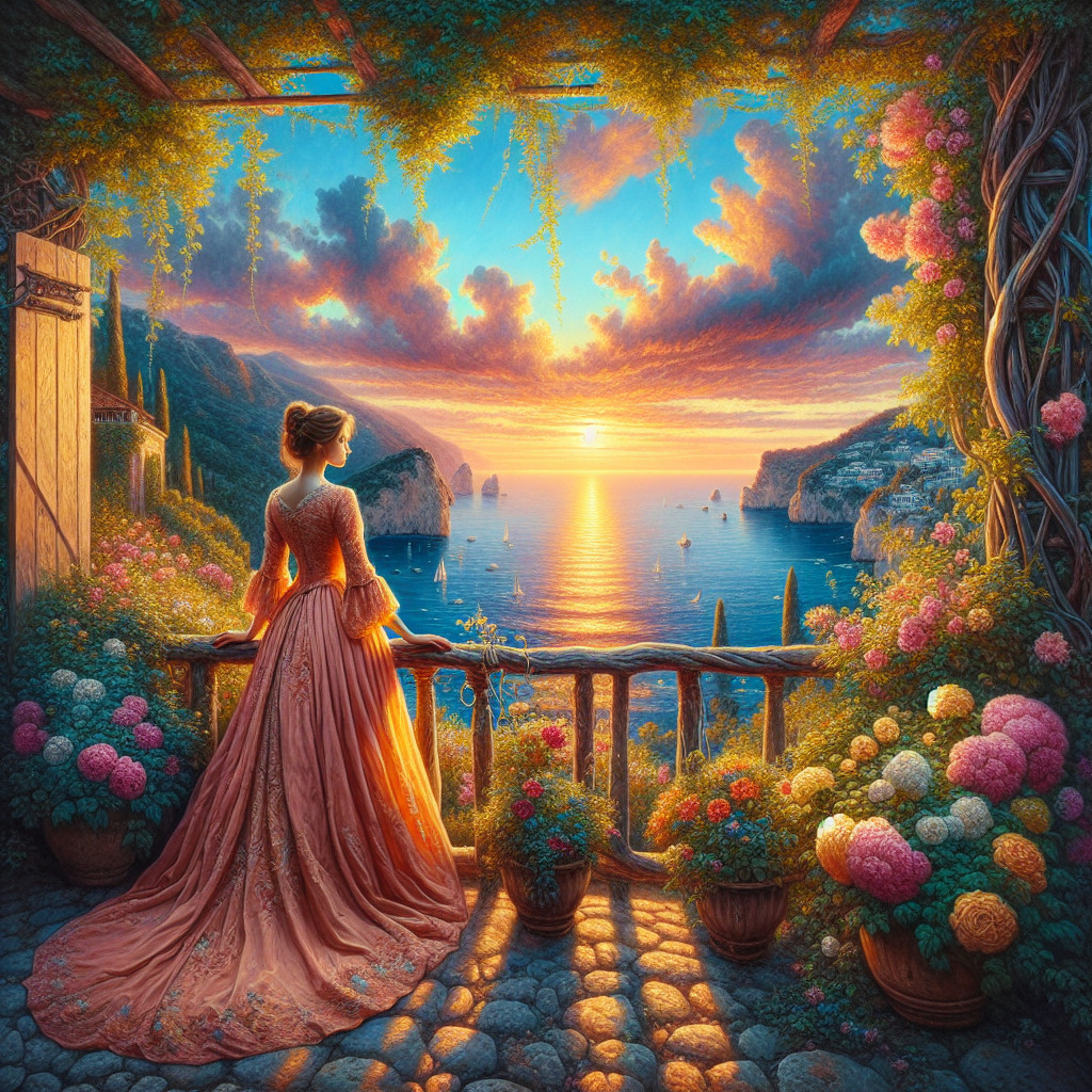 Woman in dress on balcony overlooking tranquil sea sunset