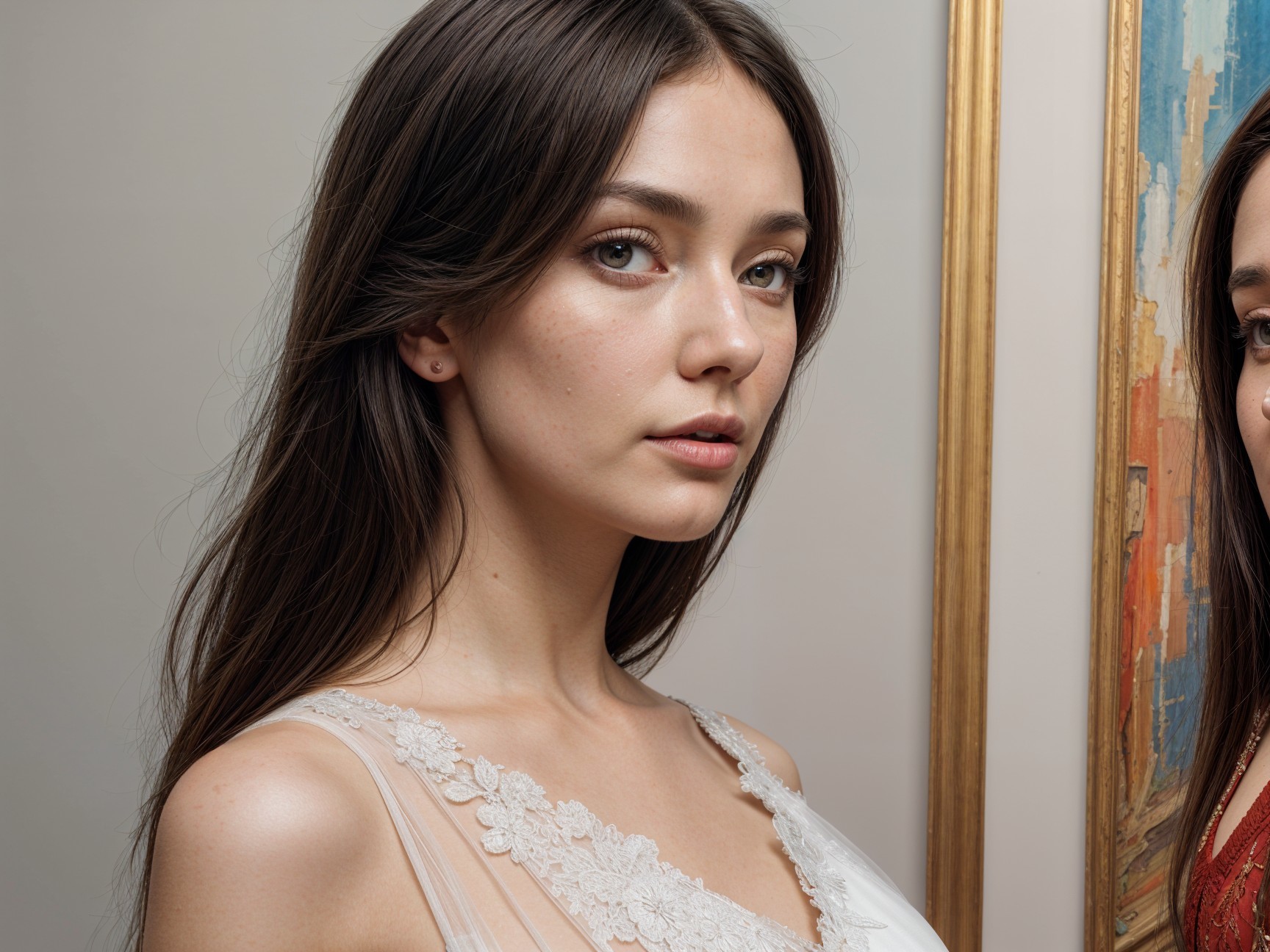 Young woman in elegant outfit with artistic background