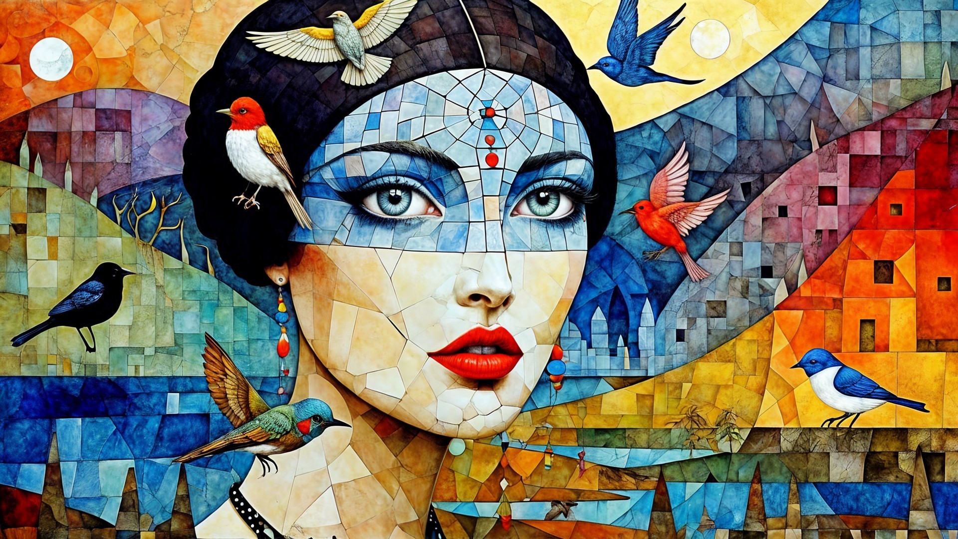 Colorful Mosaic Portrait of Woman with Birds and Nature