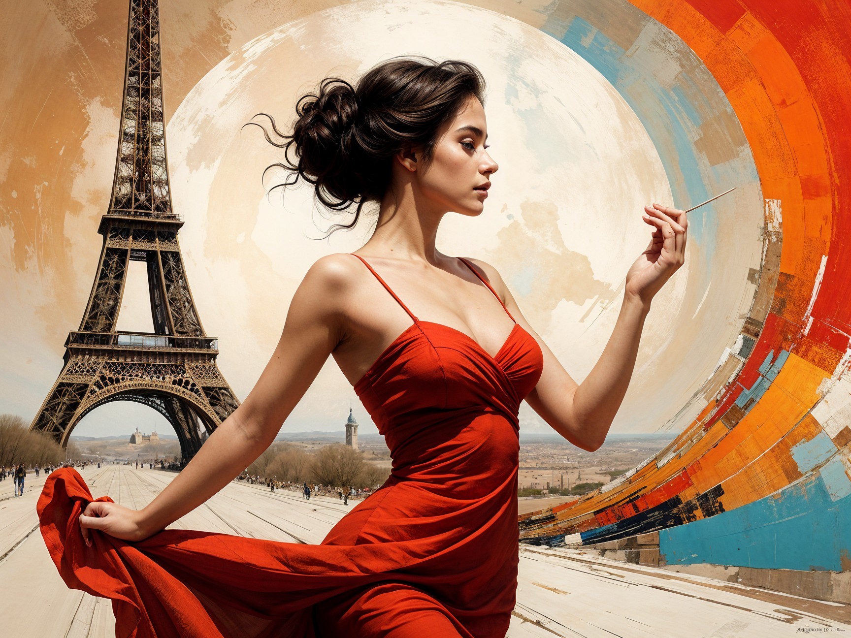 Woman in Red Dress Near Eiffel Tower with Abstract Art