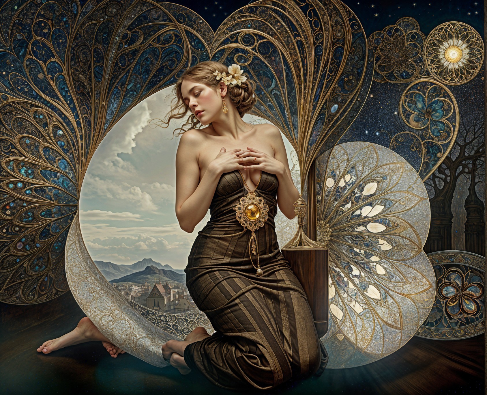 Serene Woman in Elegant Dress with Dreamy Backdrop