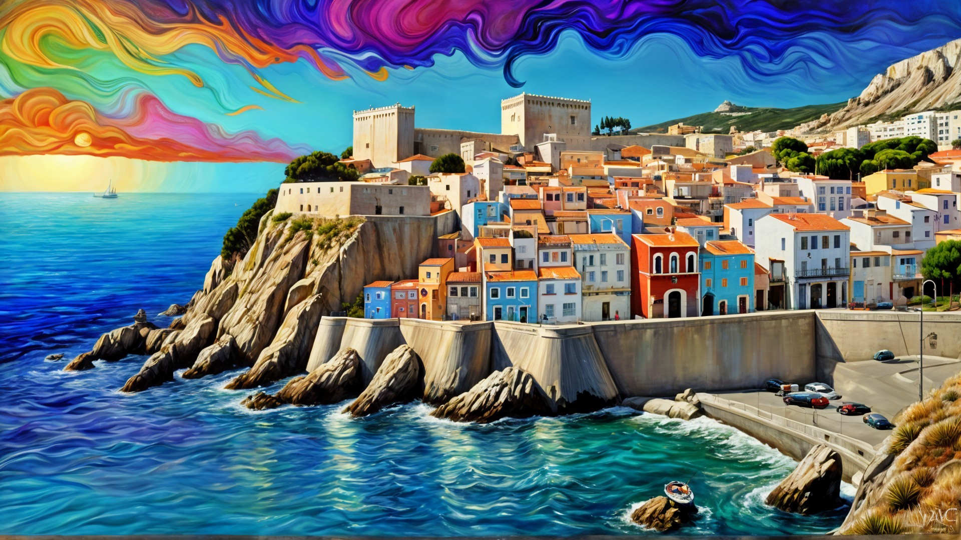 Vibrant Coastal Village with Cliffs and Turquoise Waters