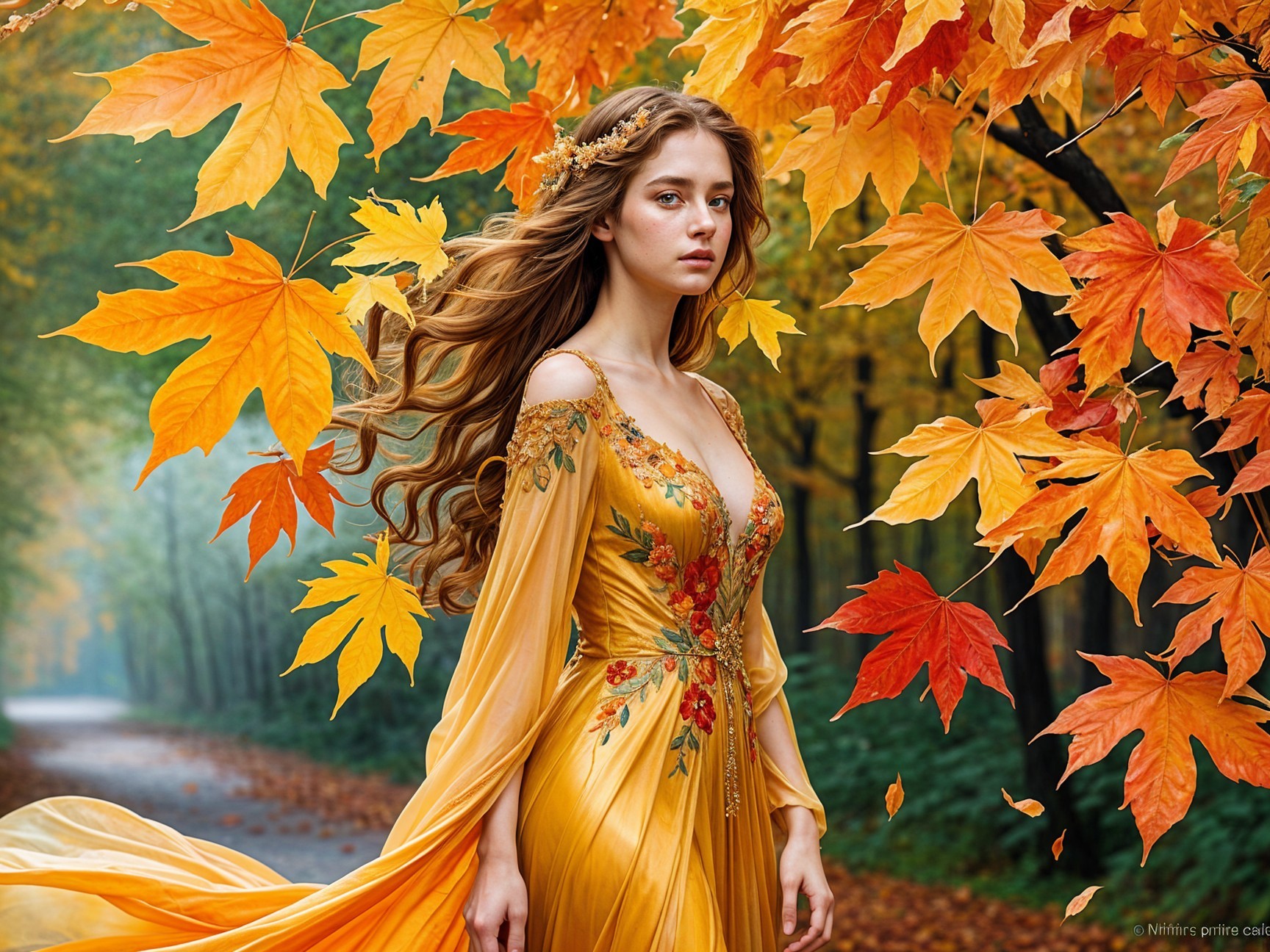 Young woman in yellow gown among autumn foliage