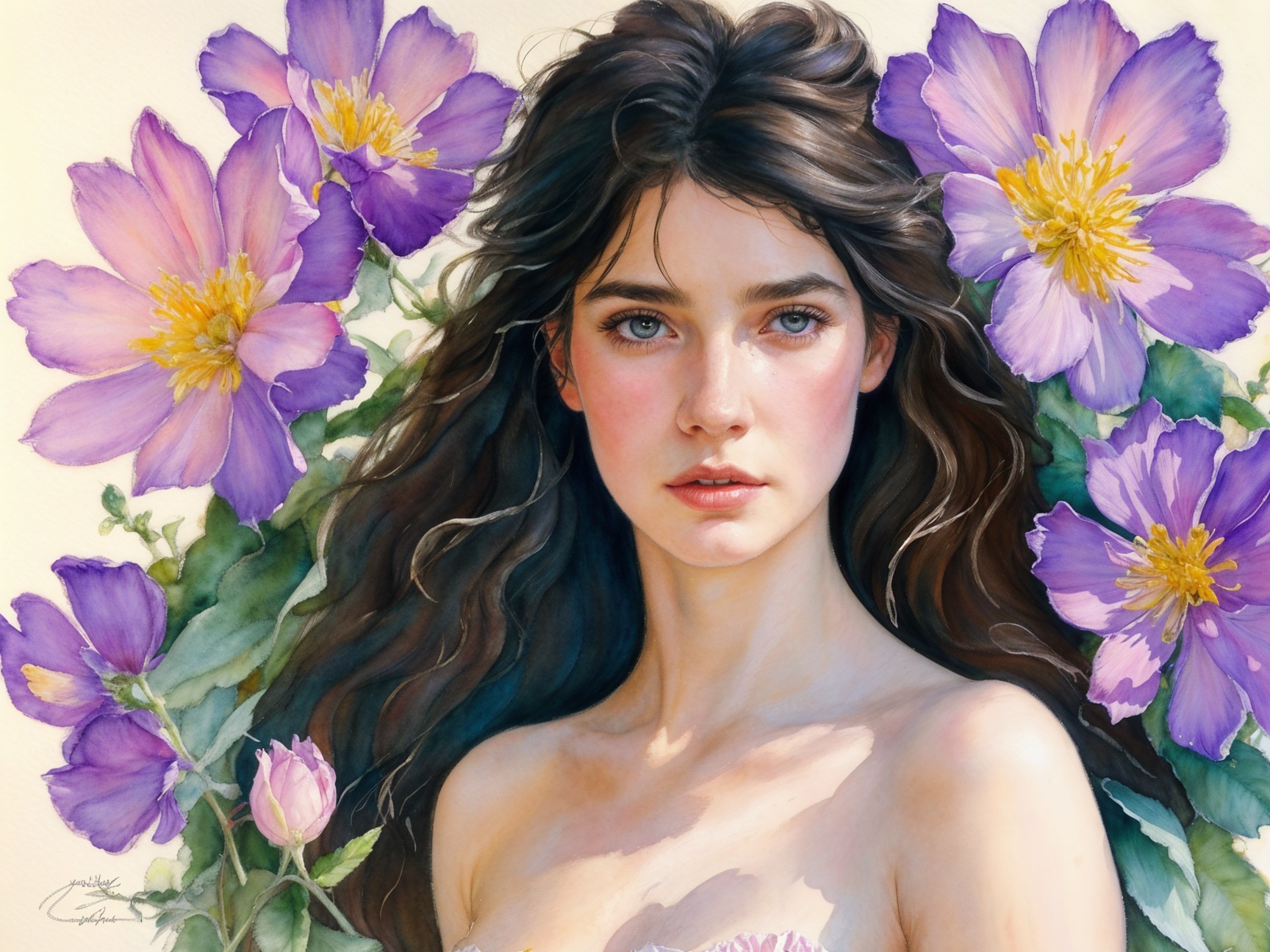 Young Woman Surrounded by Purple Flowers in Artwork