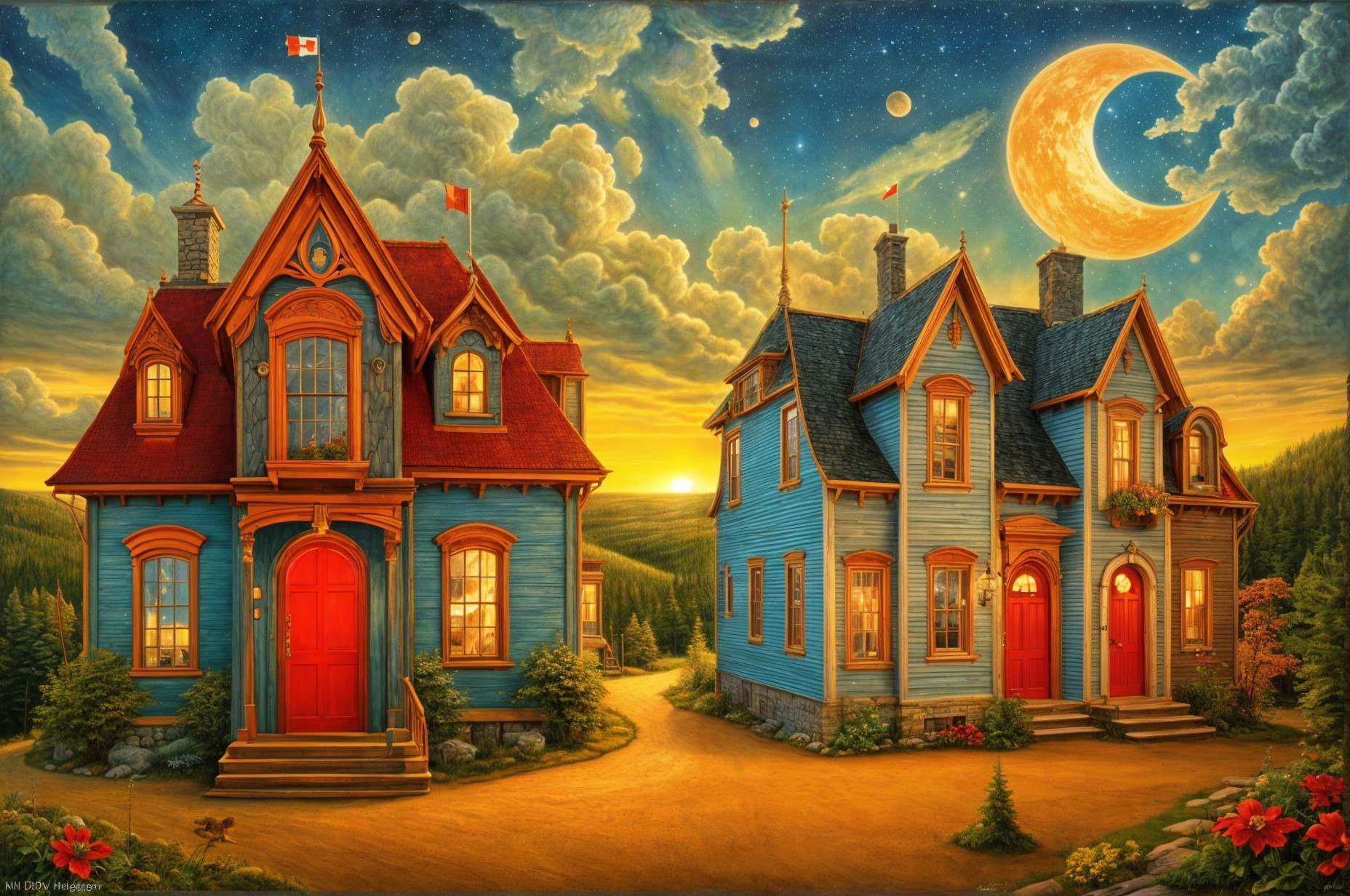 Charming Houses in Twilight with Lush Greenery