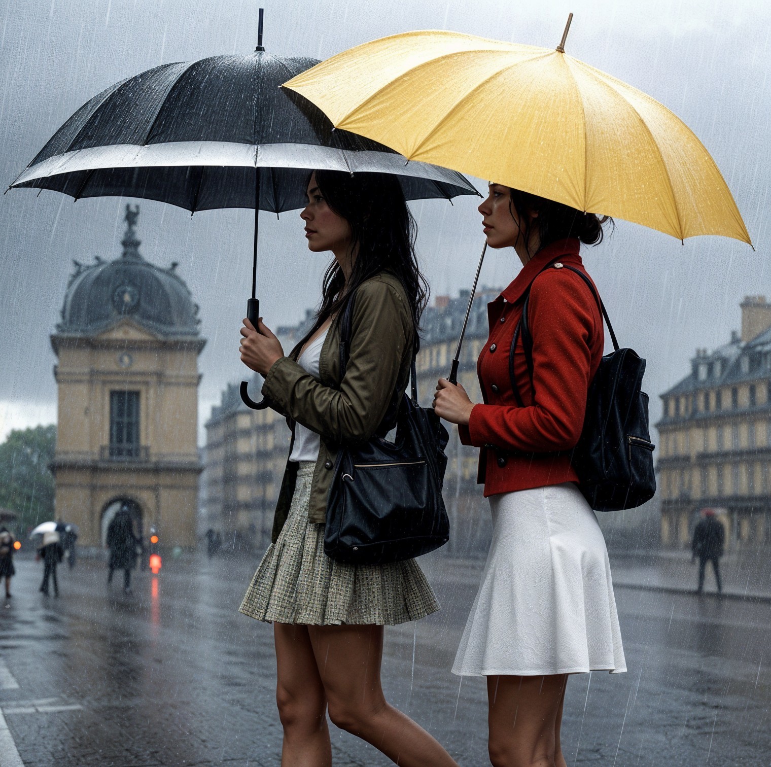 Women with Umbrellas in Rainy Cityscape