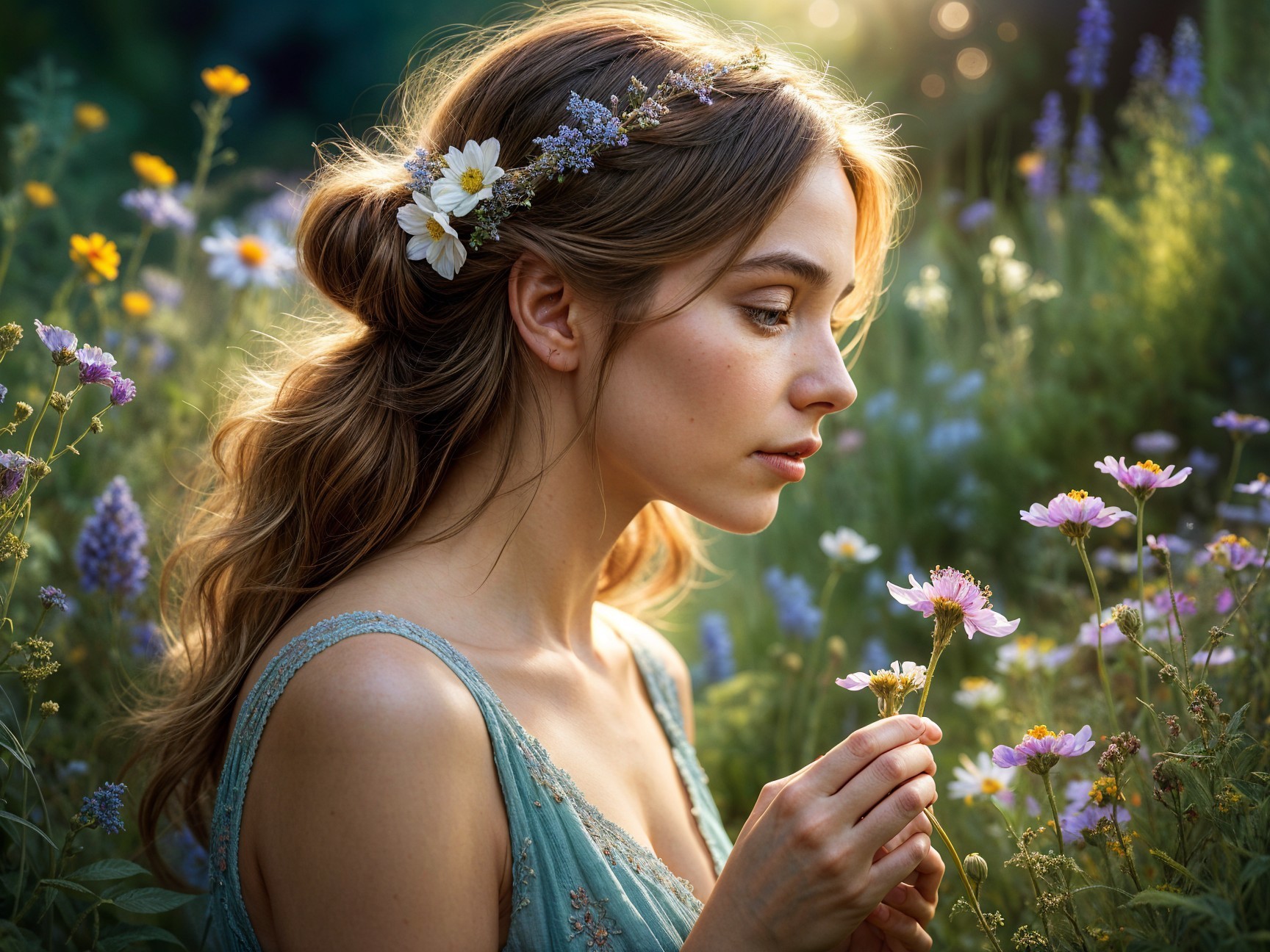 Young Woman in a Flower-Filled Meadow Scene