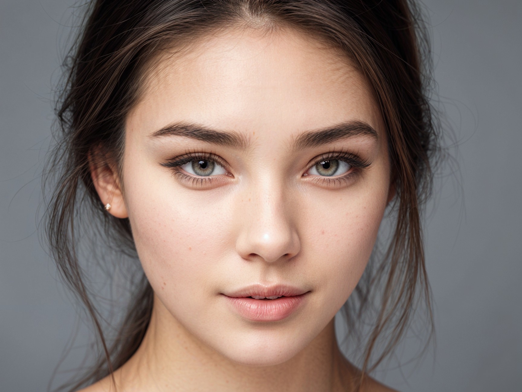 Young woman with striking features and serene expression