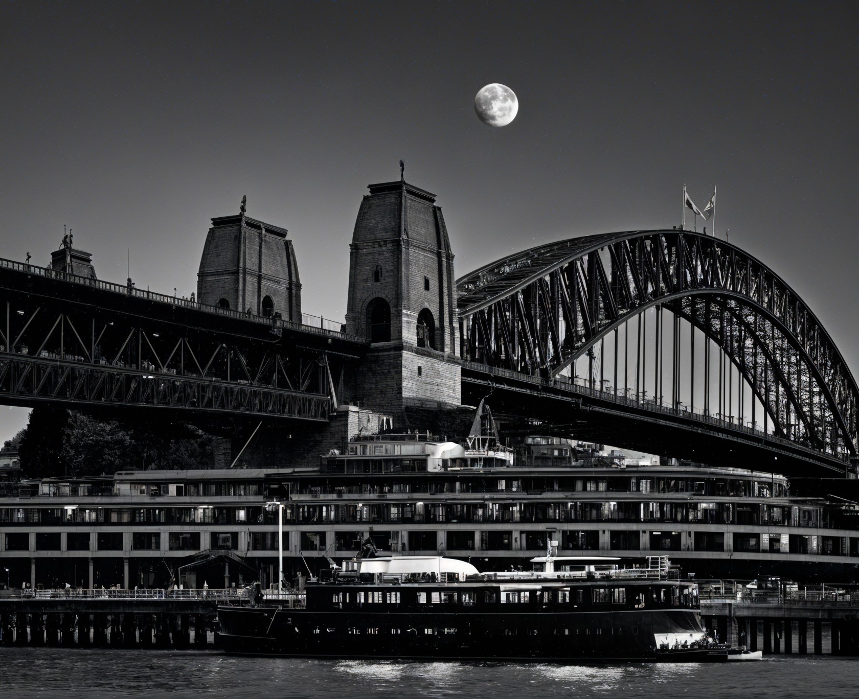 Black and White View of Sydney Harbour Bridge at Night