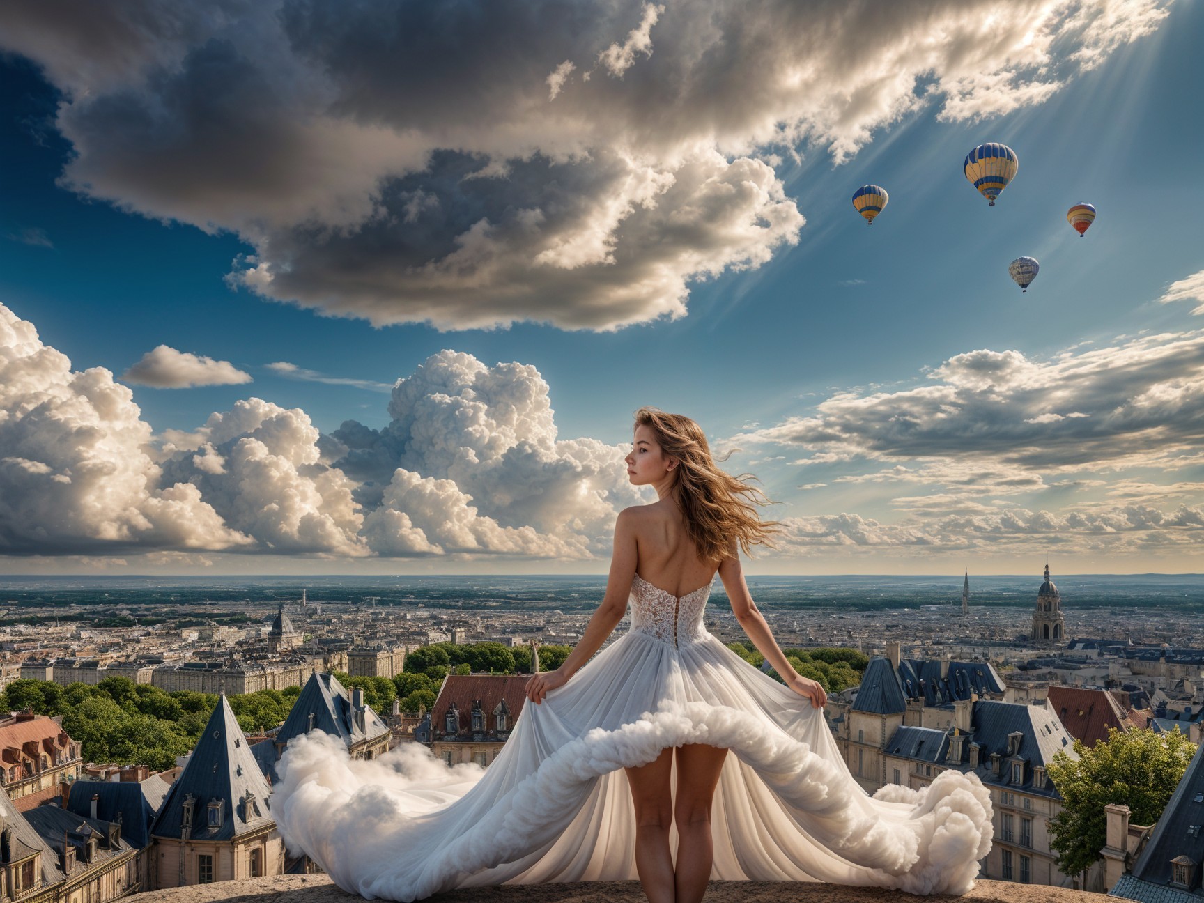 Woman in White Dress Overlooking Scenic Landscape