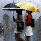 Women with Umbrellas in Rainy Cityscape