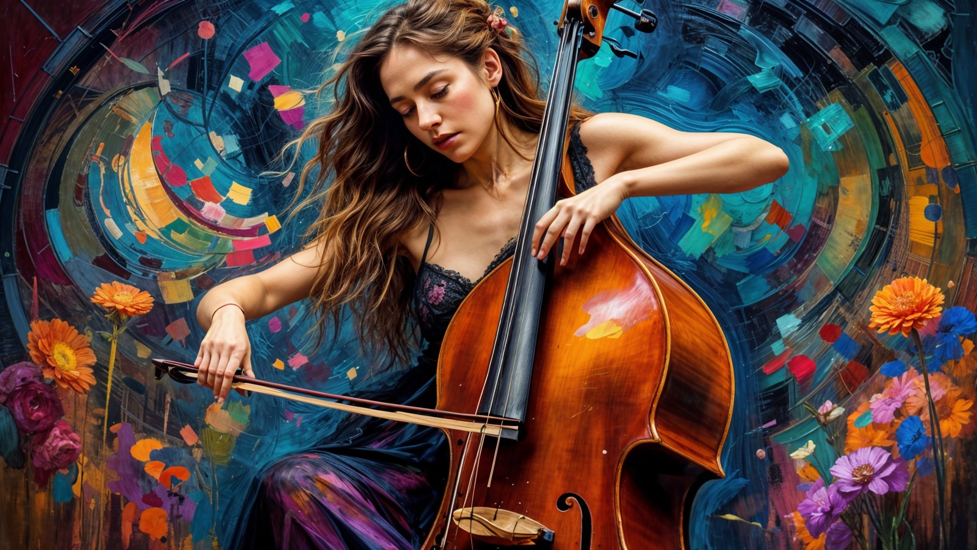Young Woman Playing Cello in Abstract Colorful Setting