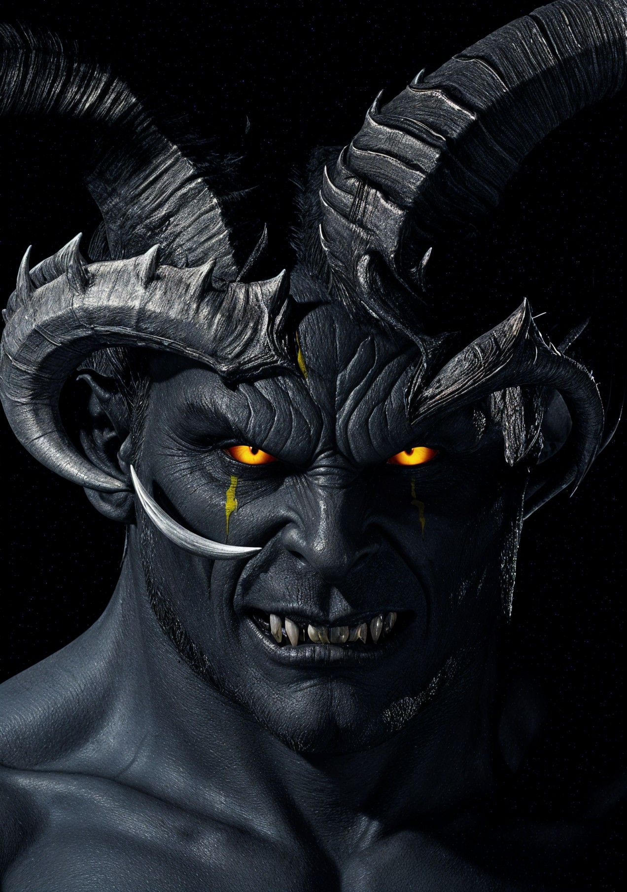 Fierce Horned Demon with Dark Skin and Intense Eyes