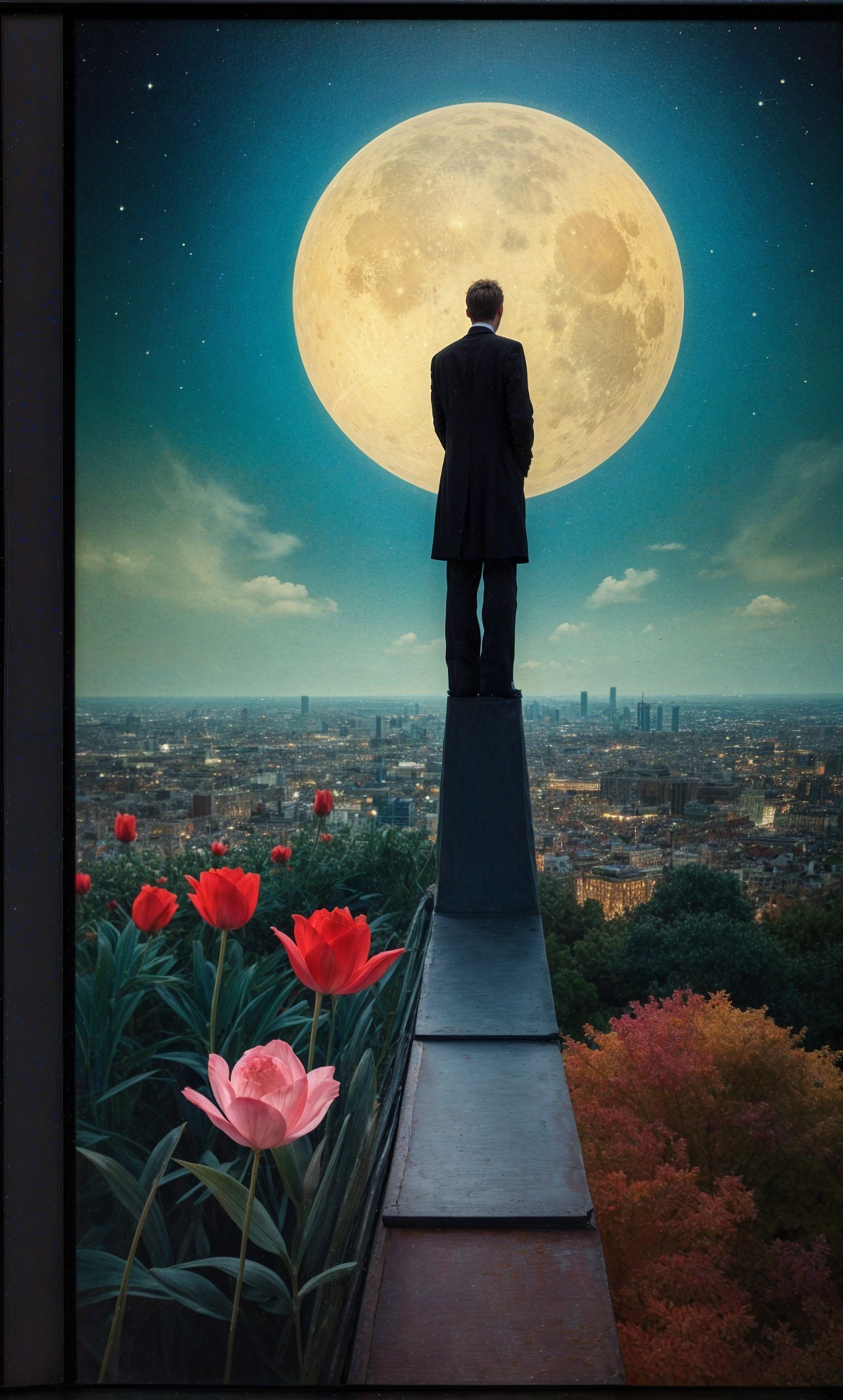 Rooftop Figure Overlooking City Under Full Moon