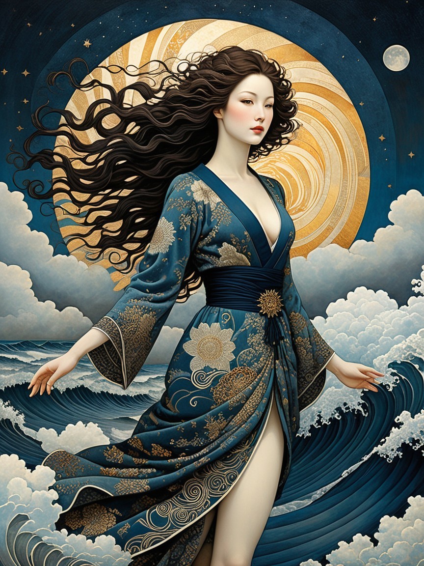 Serene Woman in Blue Kimono Surrounded by Waves