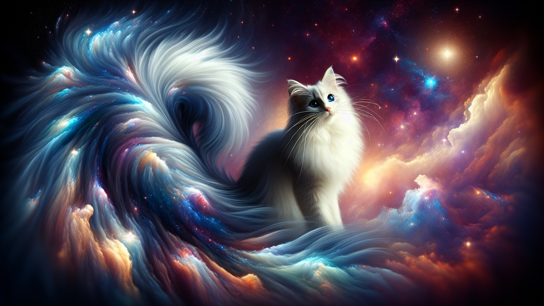 White Fluffy Cat on Colorful Cloud Background