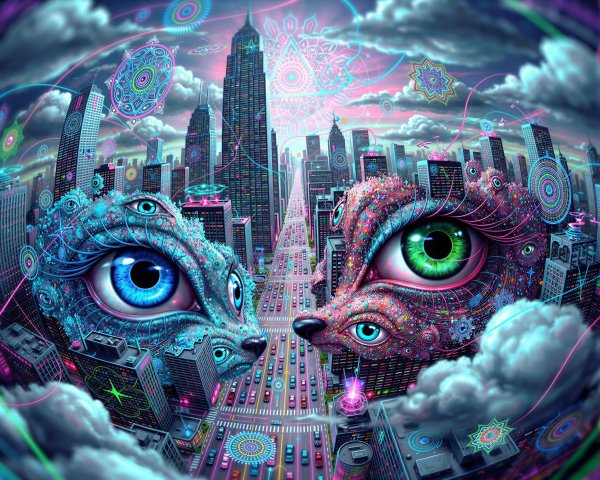 Otherworldly Cityscape with Mystical Cat-Like Creatures