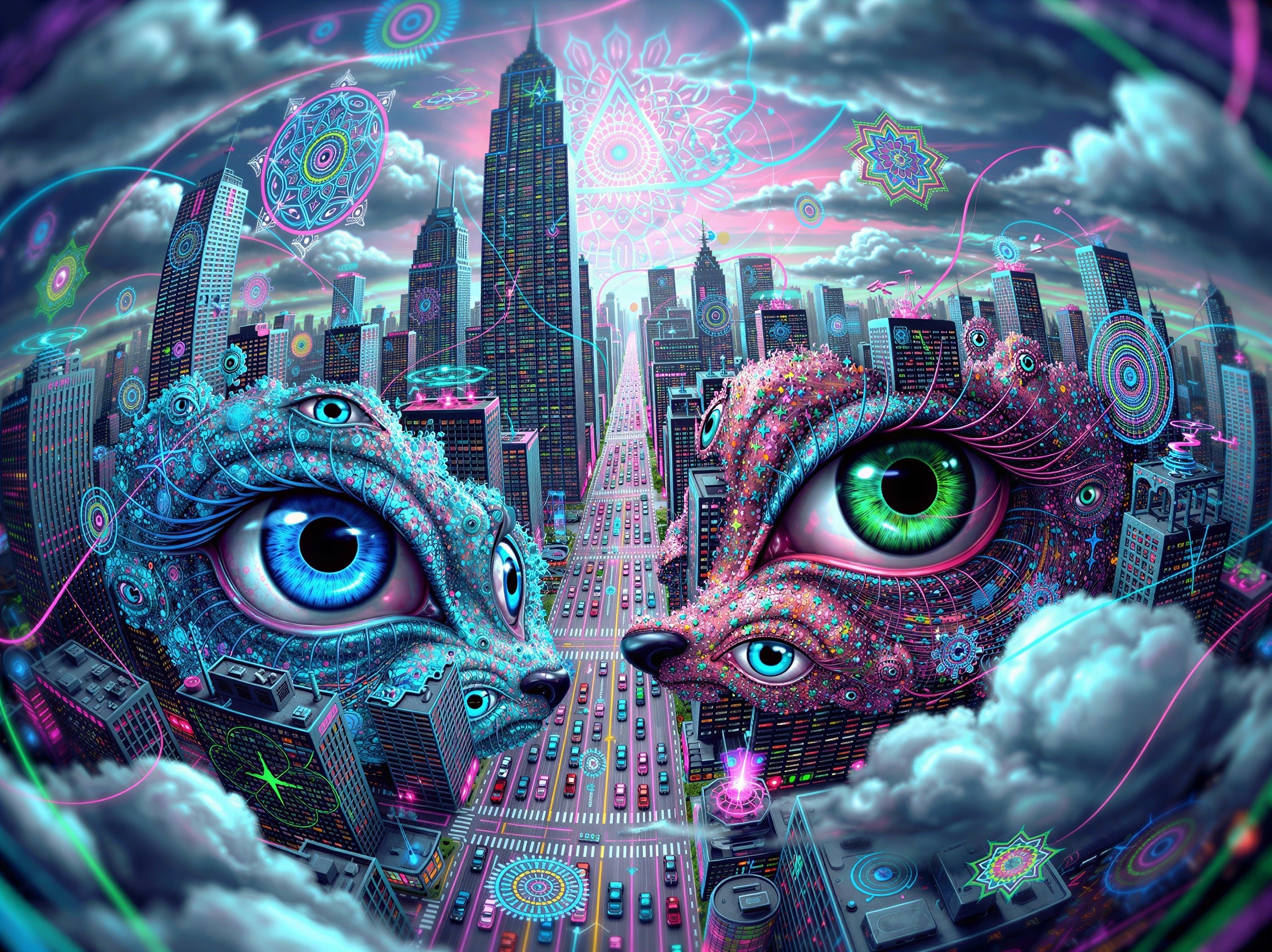 Otherworldly Cityscape with Mystical Cat-Like Creatures