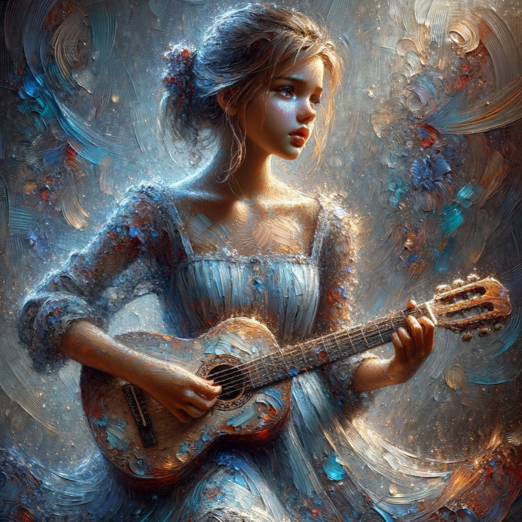 Young woman playing guitar in serene, colorful setting