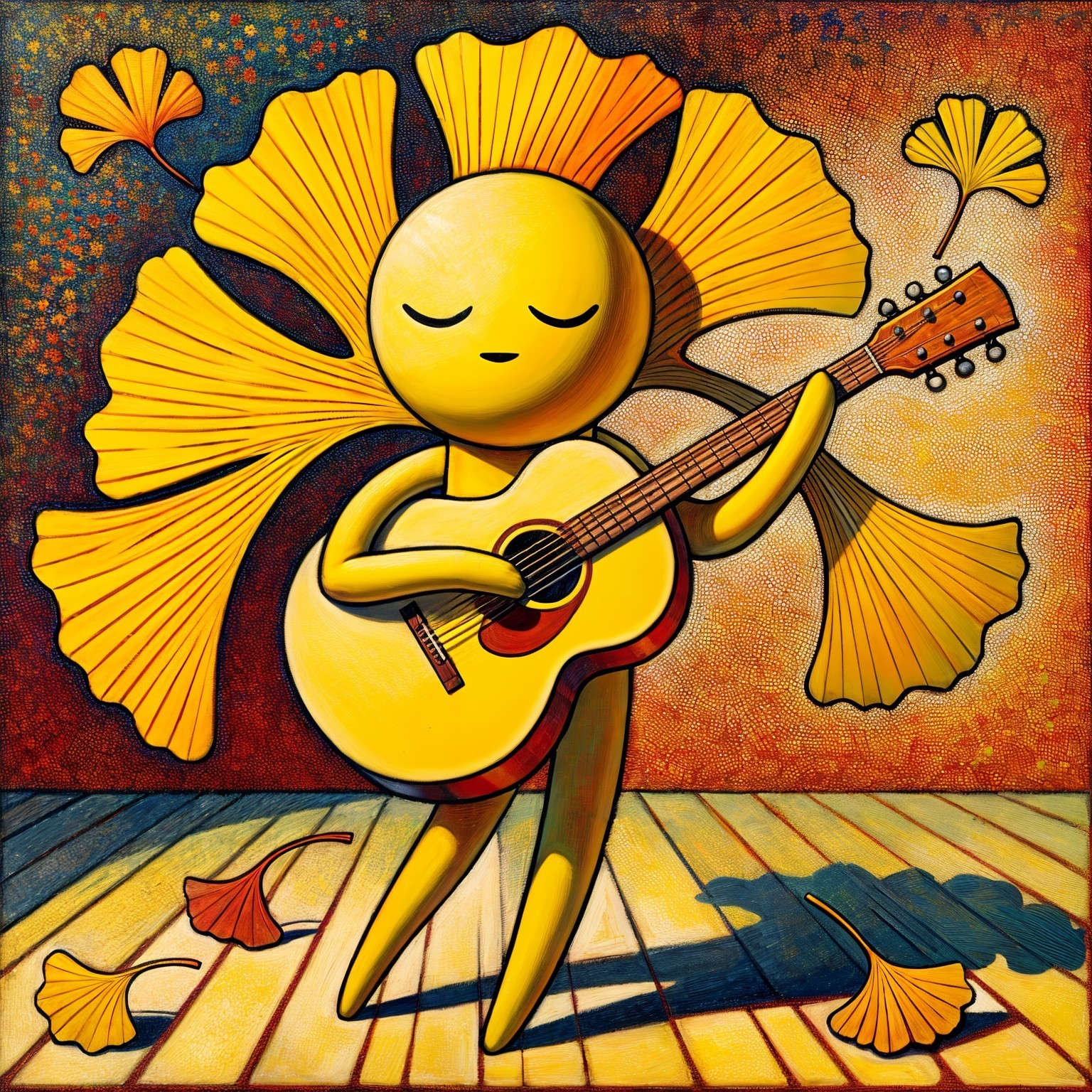 Cheerful Yellow Figure with Guitar Among Ginkgo Leaves