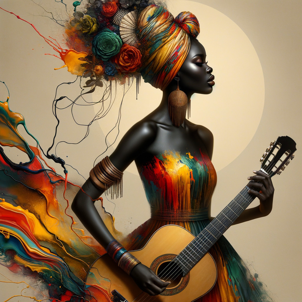 Portrait of a woman with guitar and vibrant colors