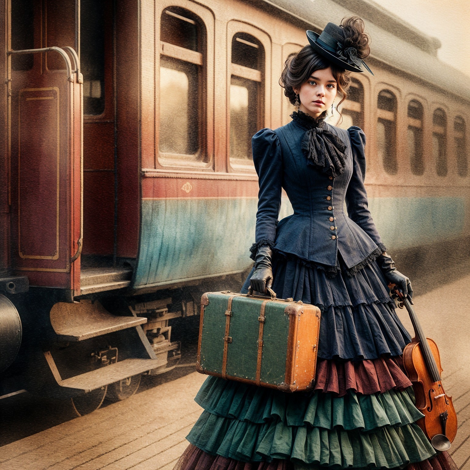Victorian Dress at Vintage Train Station Scene