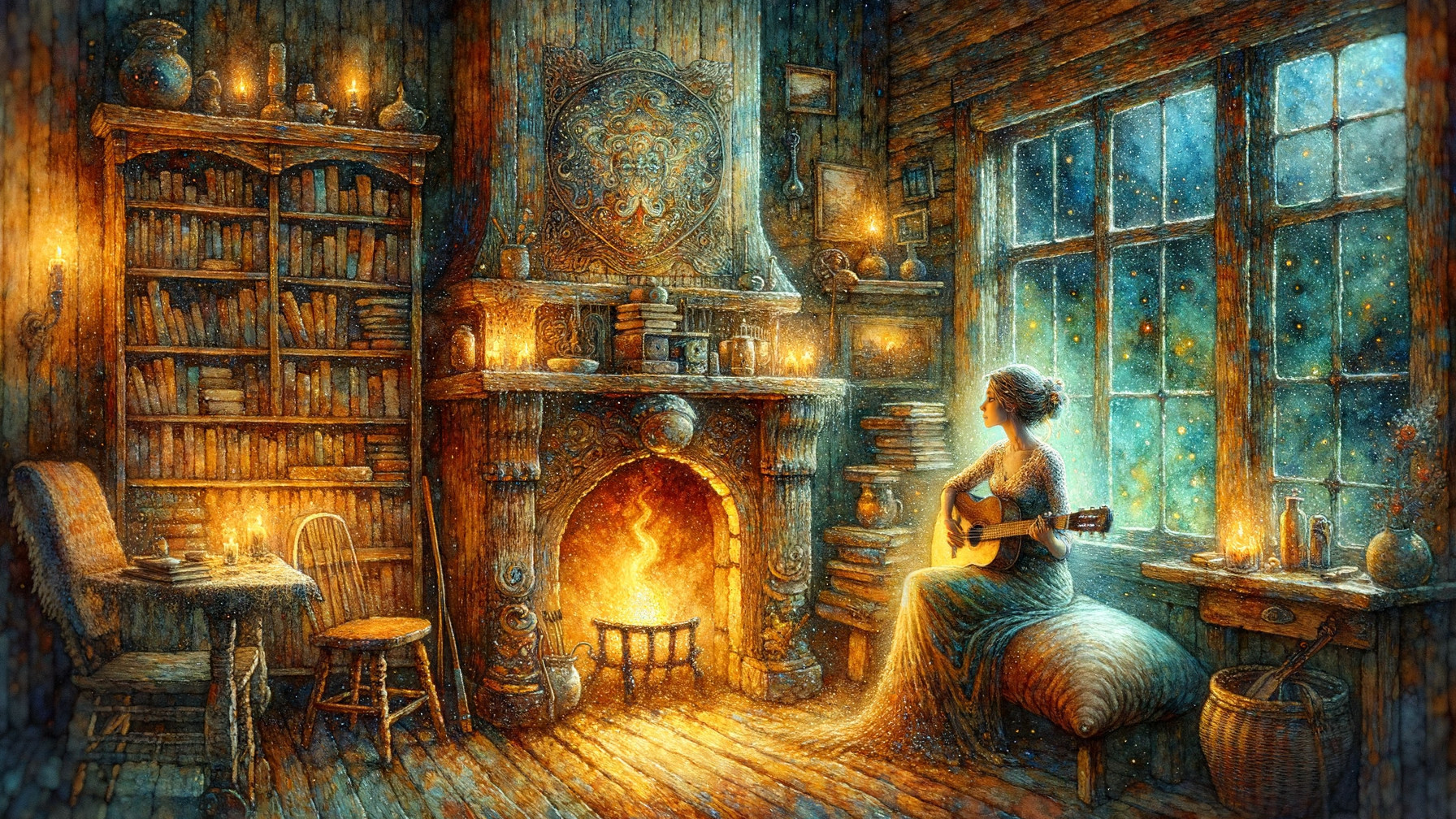 Cozy Room with Guitar by Fireplace and Bookshelves