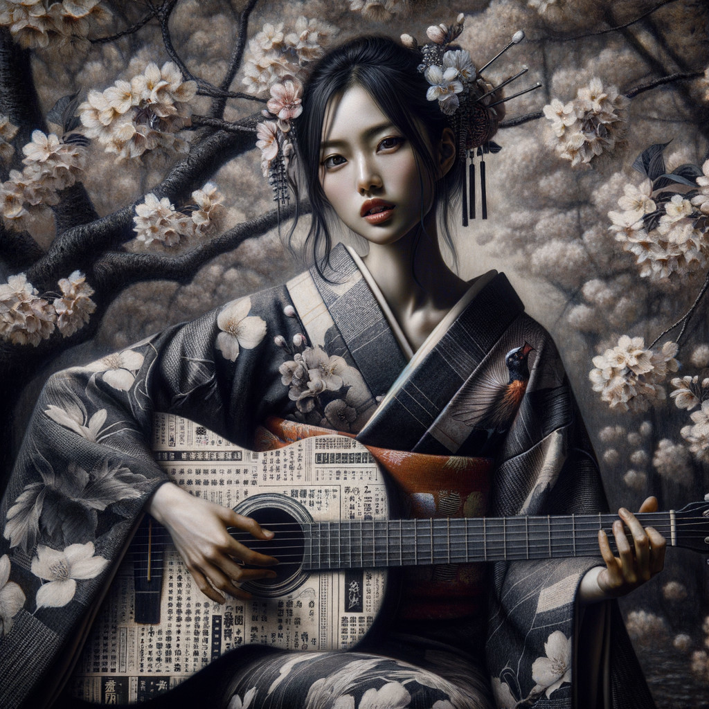 Young Woman in Kimono Playing Guitar Under Cherry Blossoms