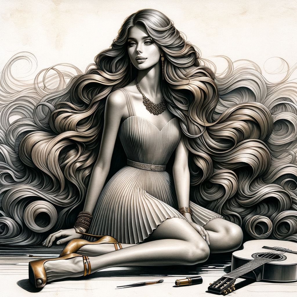 Illustration of a Woman with Guitar and Artistic Elements