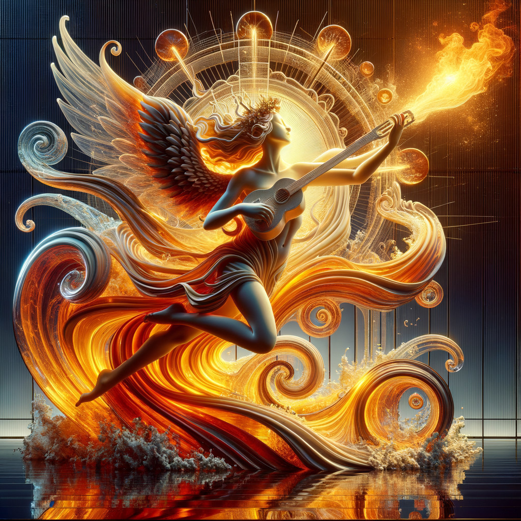 Ethereal Figure with Wings Playing Glowing Ukulele