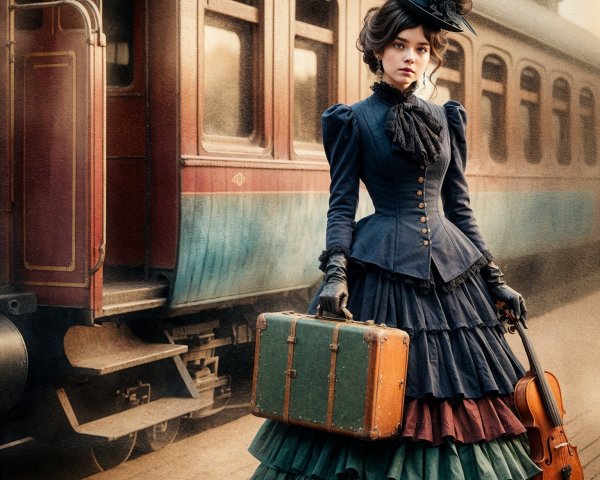 Victorian Dress at Vintage Train Station Scene
