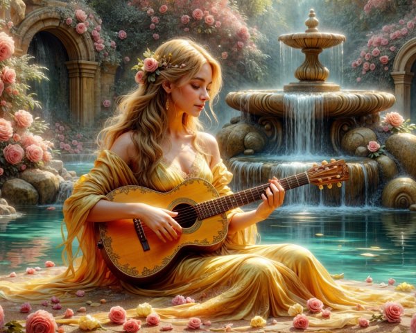 Young Woman in Yellow Gown by Fountain and Roses