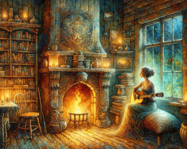 Cozy Room with Guitar by Fireplace and Bookshelves