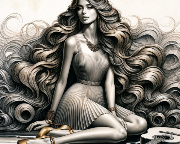 Illustration of a Woman with Guitar and Artistic Elements