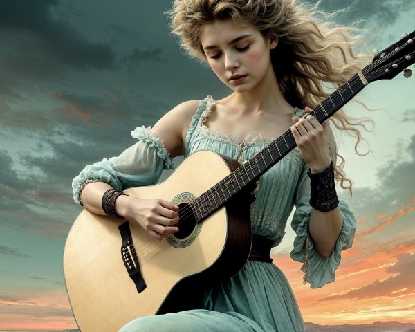 Young Woman Playing Guitar Against Dramatic Sunset Sky