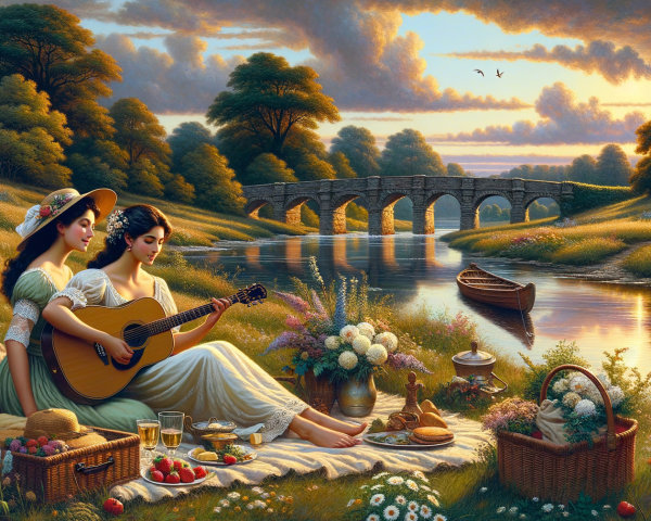 Riverside Picnic with Guitar at Sunset Scene