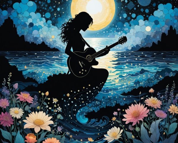 Silhouette of Woman Playing Guitar on Shoreline