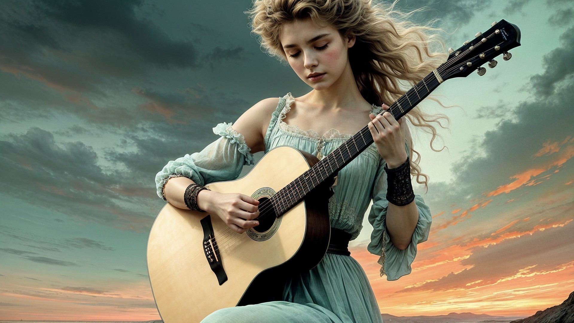 Young Woman Playing Guitar Against Dramatic Sunset Sky